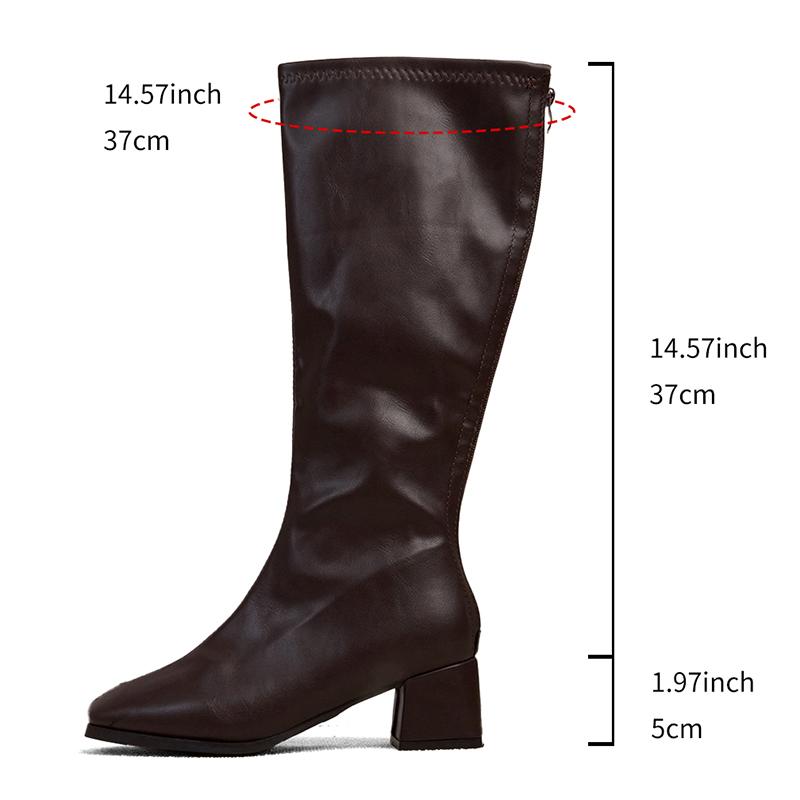 Black Pu Leather Knee High Boots Women Fashion Back Zipper High Heels Long Boots Woman Plus Size 35-42 Thick Heel Knight Boots