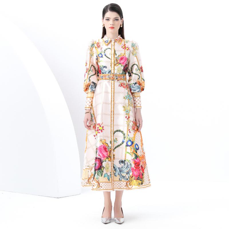 

Весна-лето Женские дизайнерские однобортные платья-рубашки с винтажным принтом длиной до щиколотки для праздников с поясом L