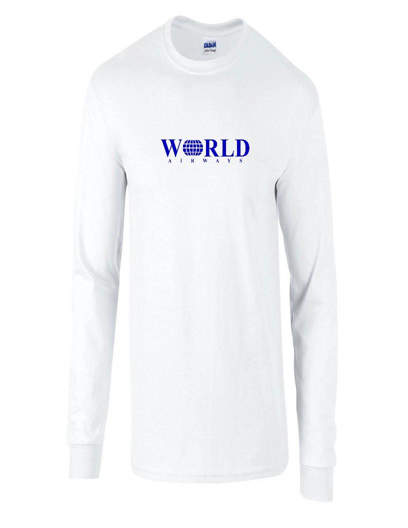 World Airways Vintage US Airline Blue Logo White Long Sleeve T-Shirt 2XL