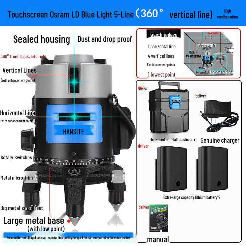 High-Precision Infrared Laser Level: 2 & 5-Line, Automatic, Indoor/Outdoor, Green & Blue Light