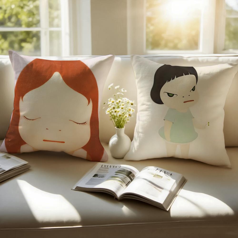 Whimsical Cute Japanese Art YYoshitomo Nara Cushion Cover Pillowcase Antidustmite Invisible Zipper Short Plush Sofa Cushion