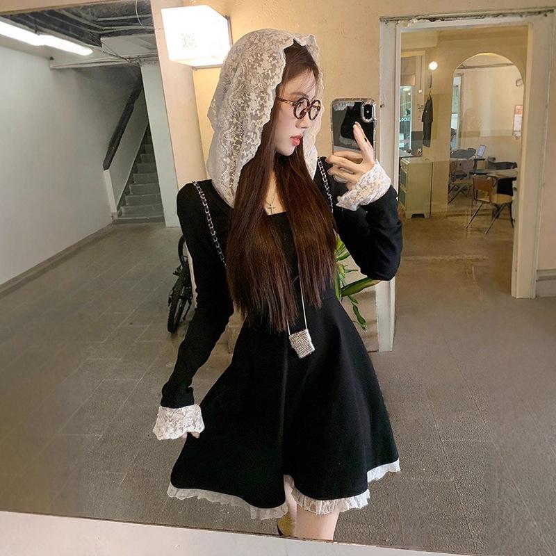 Hepburn Style Black Lace Patchwork Dress - Women s Chic Waist-Cinched Autumn/Winter Short Skirt 4XL чёрный