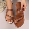 Plus Size Retro Toe Loop Flat Sandals - Women's Solid Color Beach Slippers