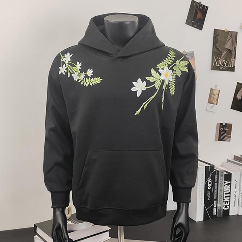 Men's Fleece-Lined Floral Embroidered Hoodie, Autumn/Winter 2026, Loose Fit Pullover, Couple's Style.