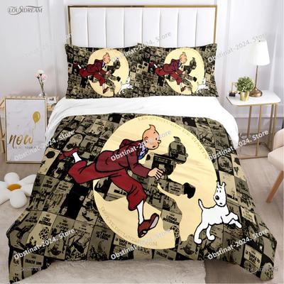 Funda Nórdica Tintín Todas las Estaciones Dibujos Animados Divertidos Juego de Ropa de Cama Sábana Estampada Funda de Almohada Cama Suave Funda de Colcha Tamaño Completo Queen King