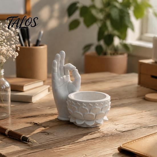 Office Desk Organizer 3D Printed OK Buddha Hand Lotus Flower Pot, Zen Style Mini Planter, Stone Texture Tabletop Ornament Desktop for Succulents
