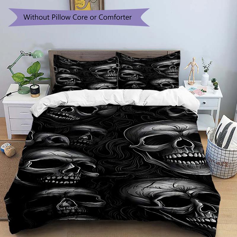 

3pcs Skull Patterned Pillowcase Set - Includes One Quilt Cover and Two Pillowcases (No Core) - Home Decor, Festival Gift, Polyester Fabric, Anime Cart 135x200cm