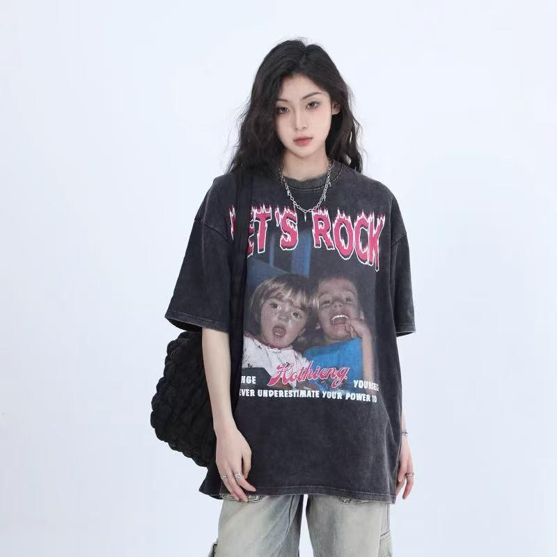 

Уличная европейская и американская хип-хоп хлопковая футболка с принтом, повседневная, выстиранная, свободного кроя XXL промывают черный