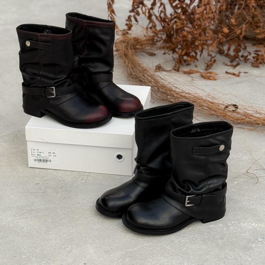 Leather denim pile boots women's 2025 new pleated black round head retro short boots thick heel spice girl knight boots