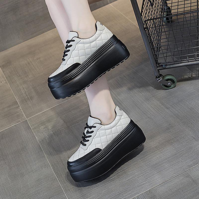 Fashion 8cm New Genuine Leather Sewing Women Platform Women Vulcanized Shoes Hidden Heels Spring Autumn Ladies Chunky Sneakers Fashion