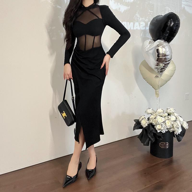 Curvy Mesh Splice Long-Sleeve Dress - Autumn Waist-Slimming Hip Skirt