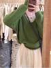 Korean Style Green V-Neck Knit Two-Piece Look Sweater - Women's Autumn/Winter Soft and Stylish Top