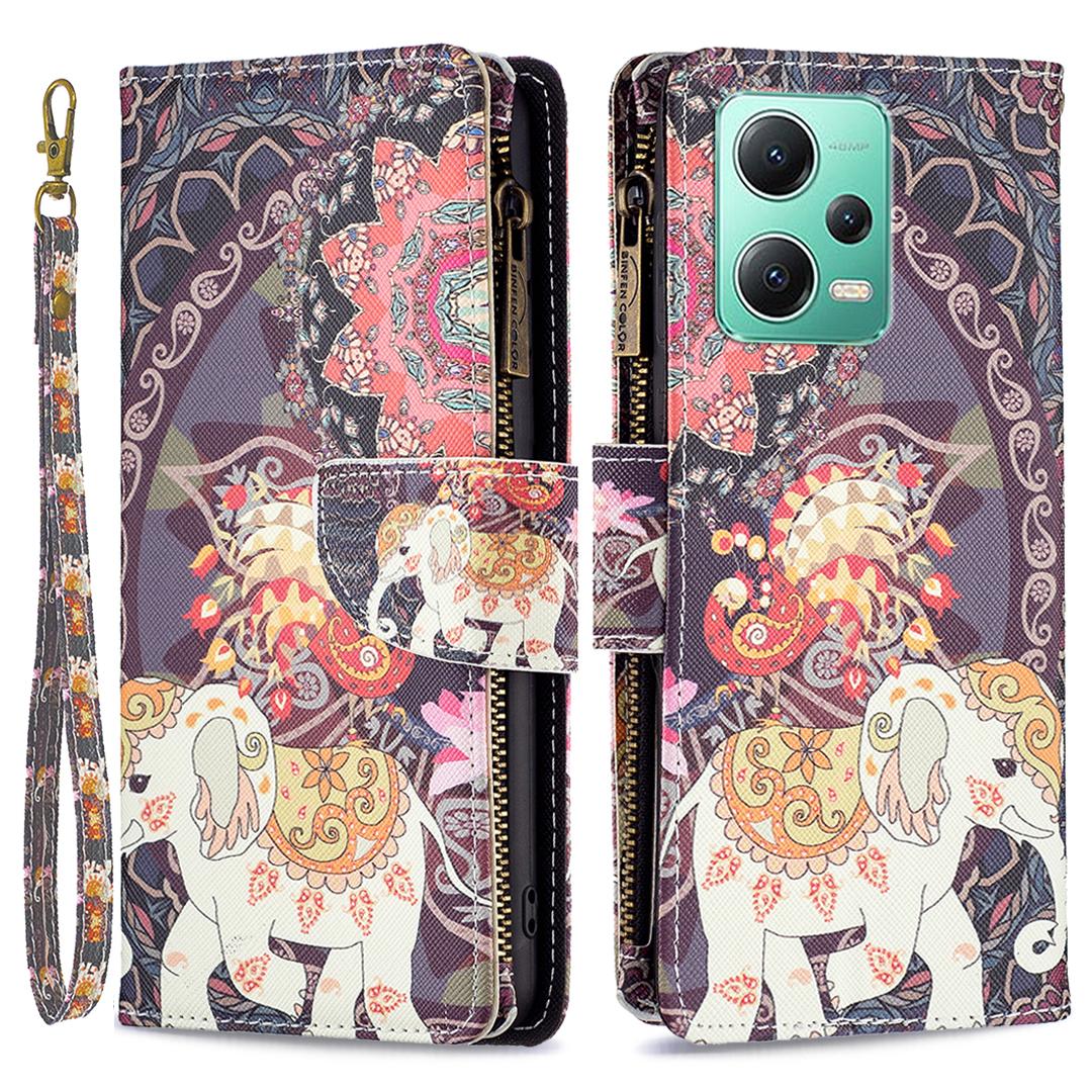 

PU Leather Phone Case for Xiaomi Redmi Note 12 5G (Global)/(India)/(China)/Poco X5 5G Zipper Pattern Printing Wallet Flowers and Elephant