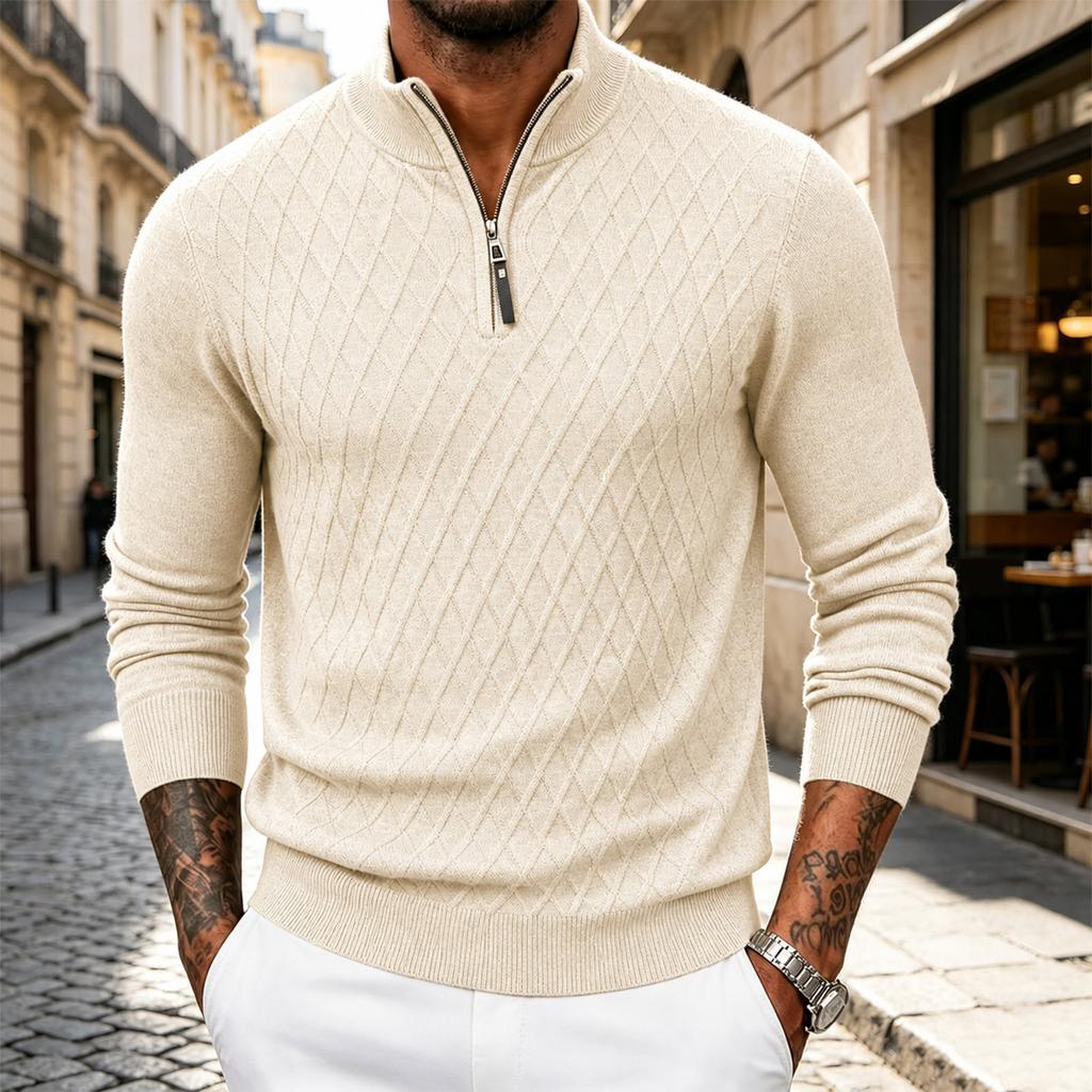 Men's Color Half-Zip Pullover Knit Sweater with Stand Collar