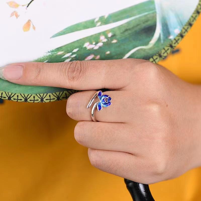 Retro Chinese Cloisonne Lotus Flower Ring For Women Punk Gothic Vintage Open Ring Handmade Designer  Unisex Accessories