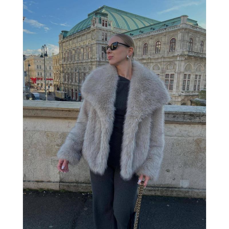 Winter Women's Lapel Shaggy Faux Fur Warm Oversized Short Brown Coat