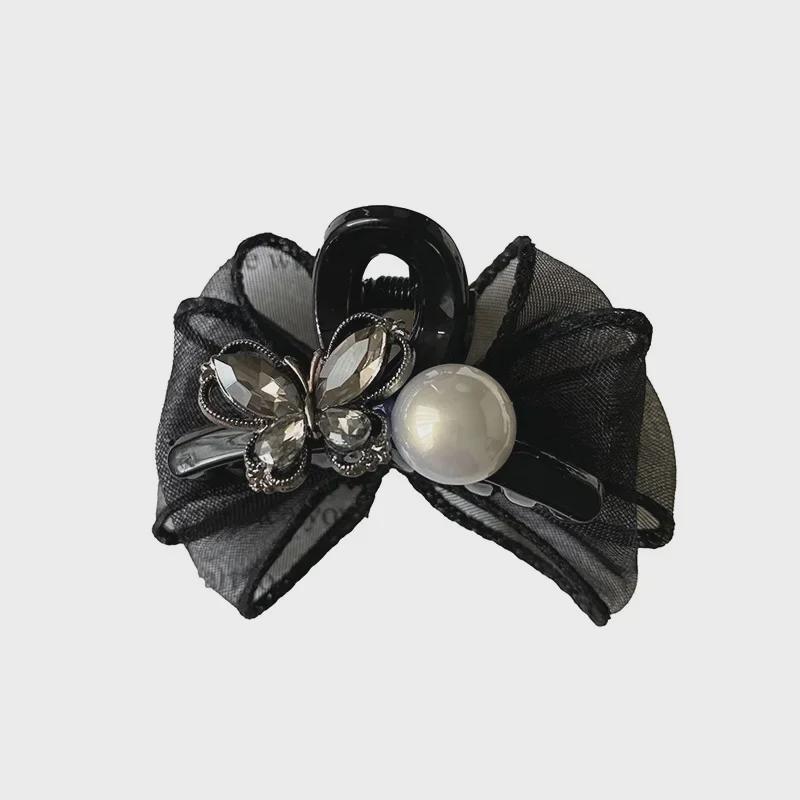 Elegant 6cm Pearl Rhinestone Mesh Bow Hair Clip