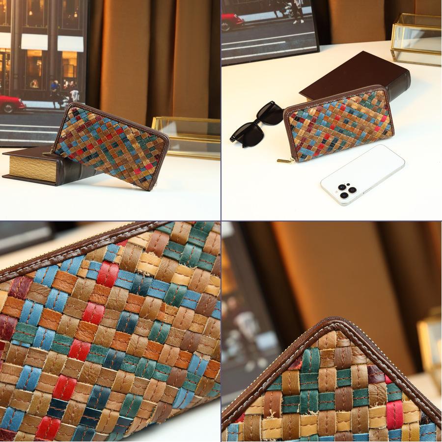 Leather Colored Ladies Clutch Bag Retro Style Woven Commuter Versatile Long Wallet