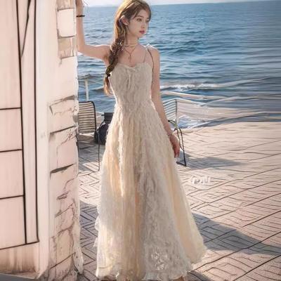 Summer New Elegant High-end Sense Diamond Chain Feather Sling Dress Women's Waisted Slimming Long Skirt