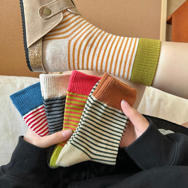 5 Pairs of Women's Spring and Autumn Color Striped Cotton Socks