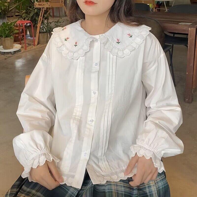 Floral Embroidered Women's Shirt Peter Pan Collar Lace Edge Pleated Lantern Sleeves Blouse Spring New Version Sweet Lady Top