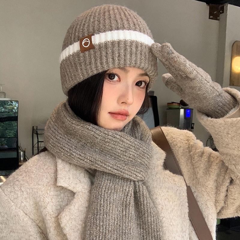 Vinterstrikket ullhatt Dame Kaldsikker Varm Hatt Skjerf Hansker Tredelt Ørebeskyttende Hatt