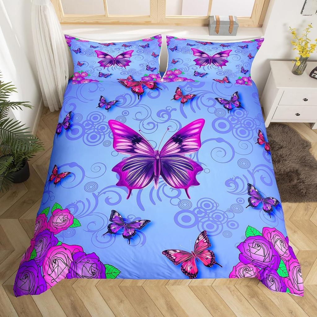 Comforter Butterfly Twin King Romantic Rose Flower Bedding Set 3Pcs For Boys Girls Room Botanical Floral Comforter