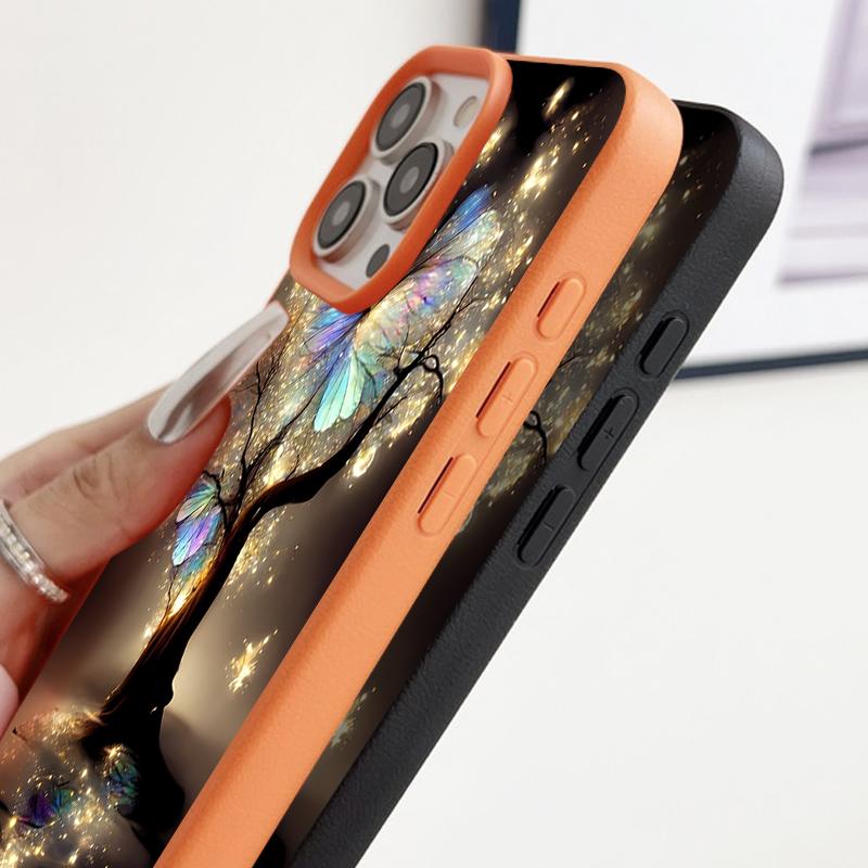 Shining Fantasy Tree Butterfly Pattern Case For iPhone 17 Pro Max iPhone 16 Pro Max 15 14 13 12 11 16E Air Luxury Leather Texture Silicone Cover