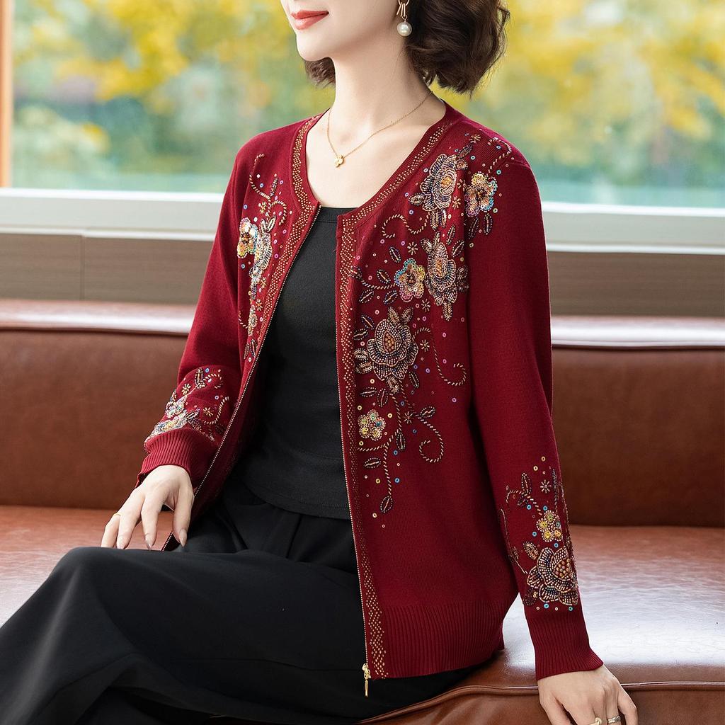Cardigan Pesante Autunno/Inverno da Donna con Ricamo di Fiori Farfalla & Perline a Mano