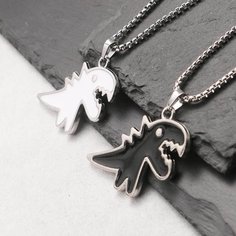 Black & White Dinosaur Pendant Oil Drip Necklace - Fade-resistant Cute Animal Sweater Chain for Couples (Unisex, Fall/Winter).