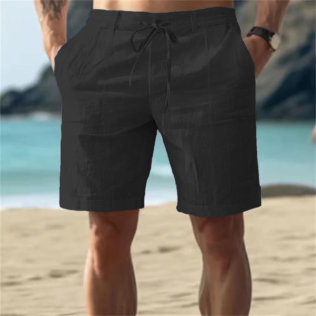 Men's Casual Cotton Linen Shorts Summer Breathable Solid Color Elastic Waist Drawstring Trousers Streetwear Activewear S-3XL