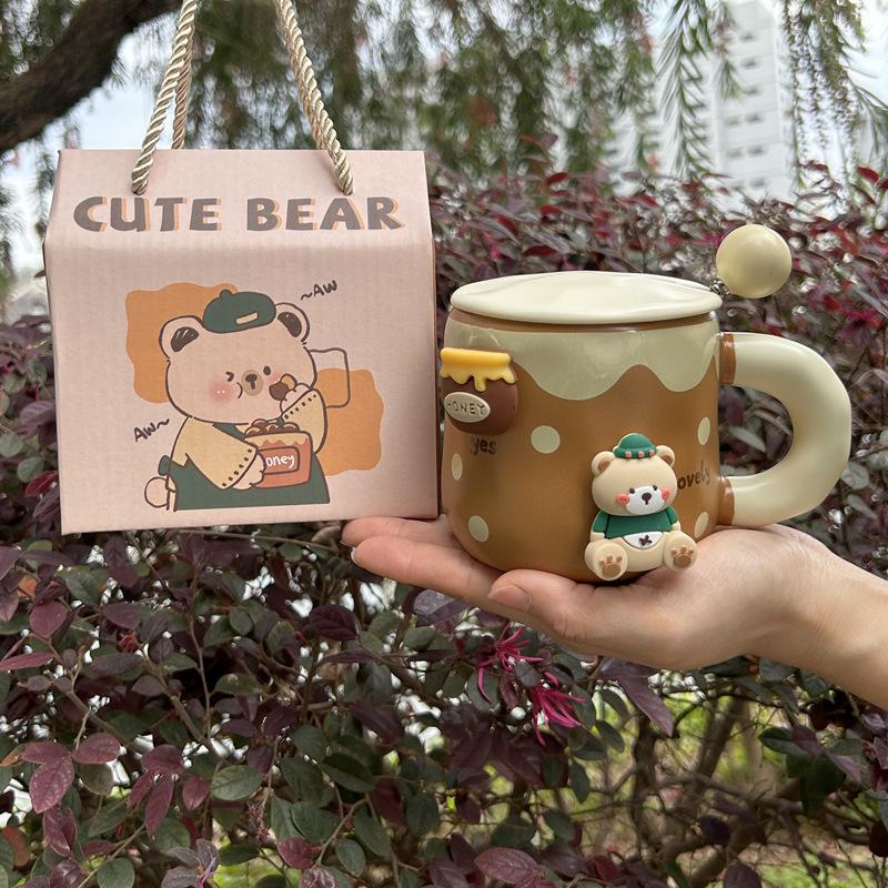 Creative magnetic bear mug cute ceramic mug with lid spoon Korean coffee cup large capacity drinking cup