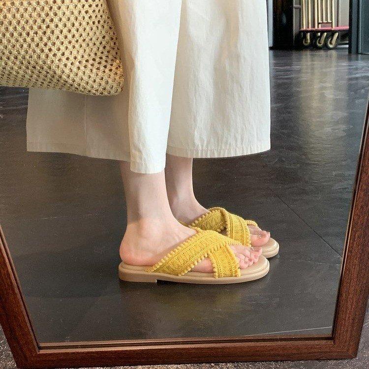 

Soft leather version~ Holiday style cross-woven open-toe outer wear 2025 summer new versatile casual cool slippers women 35
