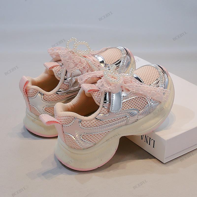 Baby Spring/Autumn Fashion Breathable Thick Sole Bow Beaded Sport Shoes Soft Walking Sports Casual Kid Vulcanized Shoes