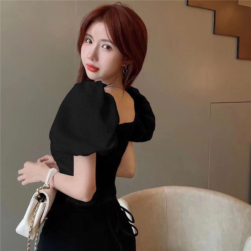 Retro White Square Neck Bubble Sleeve Irregular Short Shirt Women's Summer Unique Top