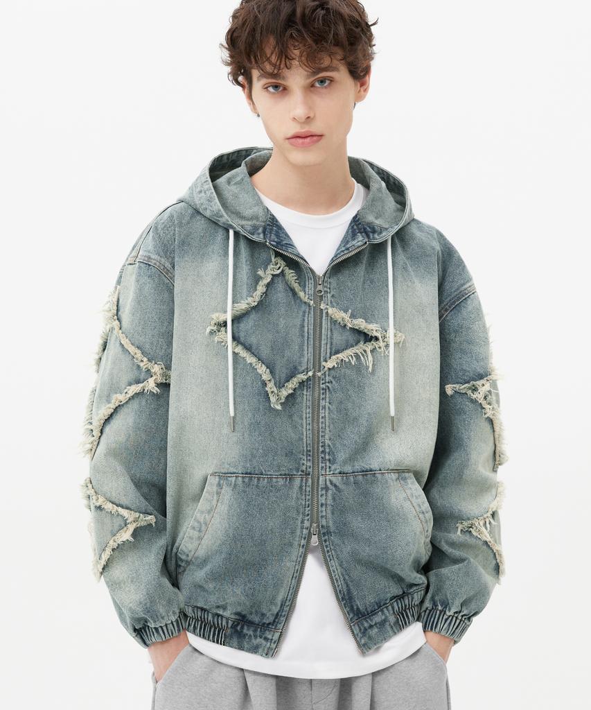 Trillion Star Applique Damaged Wash Denim Jacket (Beige Blue)