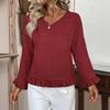 Women's Casual Fashion Ruffle V-Neck Pocket Solid Color Long Sleeve Top