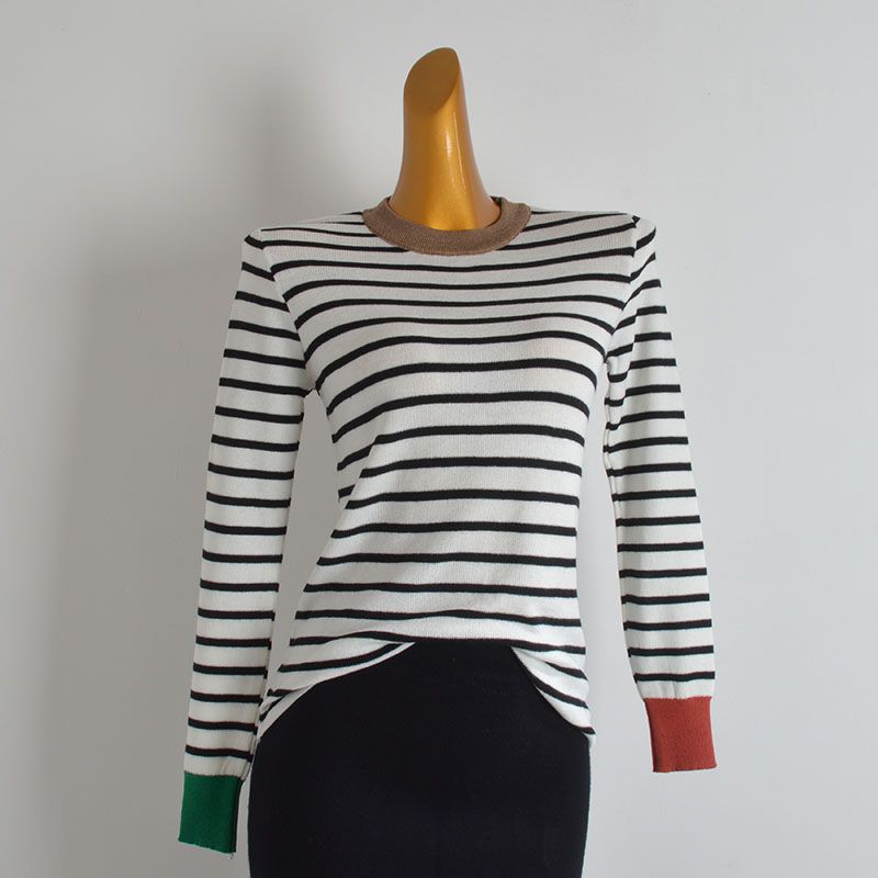 French Simplicity Mixed Color Stripe Round Neck Pullover Six Wool Knitwear Women's Silm Soft Glutinous Long Sleeves Bottoming Shirt Tops