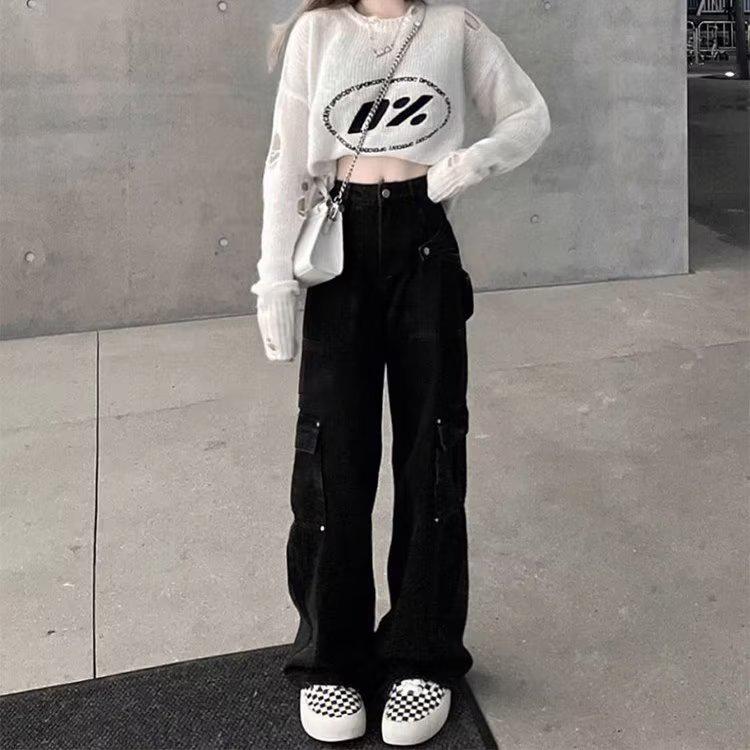 Plus Size Retro American Workwear Jeans for Pear Shape – Wide Leg, Straight Cut, Summer Wear 4XL