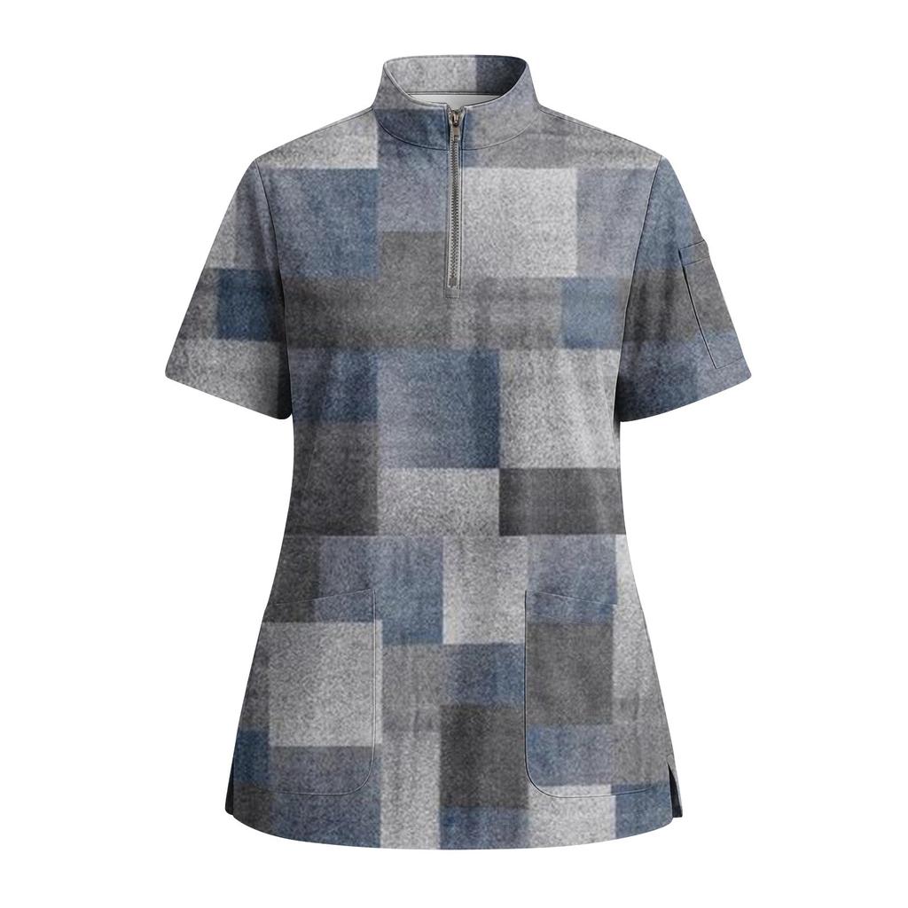 Women's Short Sleeved Printed V-neck Buttonable Side Slit Top T-shirt