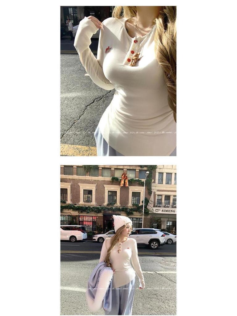 Annie's Kitty Embroidery Waist-Cinching Knit T-Shirt for Plus-Size Women - Slimming Long-Sleeved Top