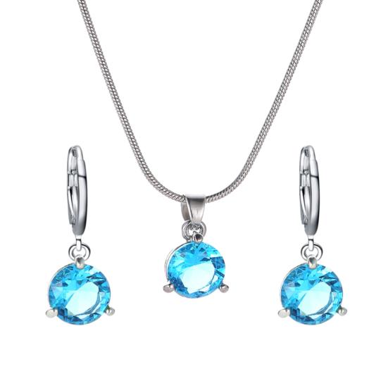 Women Round Cubic Zirconia Pendant Chain Necklace Hoop Earrings Jewelry Set