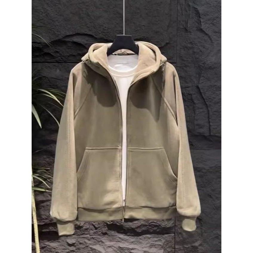 Men's Solid Color Hooded Fleece Cardigan - Thick, Loose Fit Zipper Jacket for Autumn and Winter.