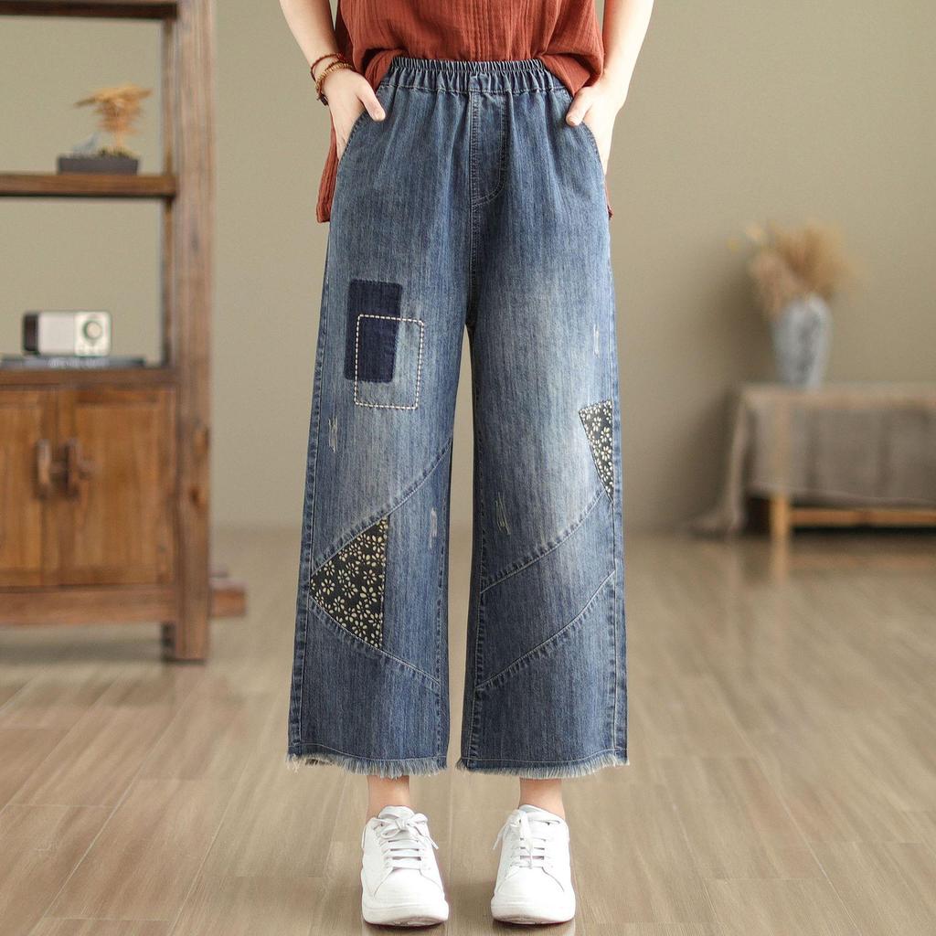 Women's High-Waist Wide-Leg Embroidered Jeans - Loose Fit, Raw Edge, Nine-Point Cotton, Plus Size, Casual Spring/Summer Pants