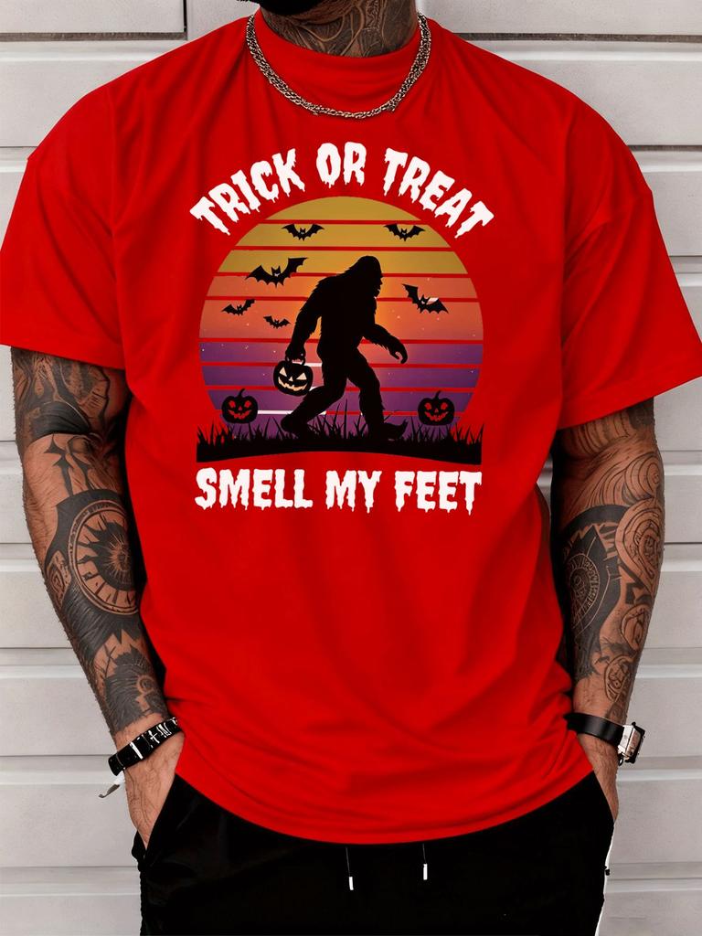 Halloween Bigfoot Pumpkin Bat Sunset Graphic Unisexs Cotton Crew Neck Tee Short Sleeve Loose Casual Daily Street Male Wear Top