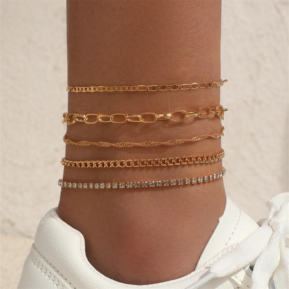 Simple tassel ins style niche foot accessories for women, personalized exaggerated claw chain diamond anklet 5-piece set