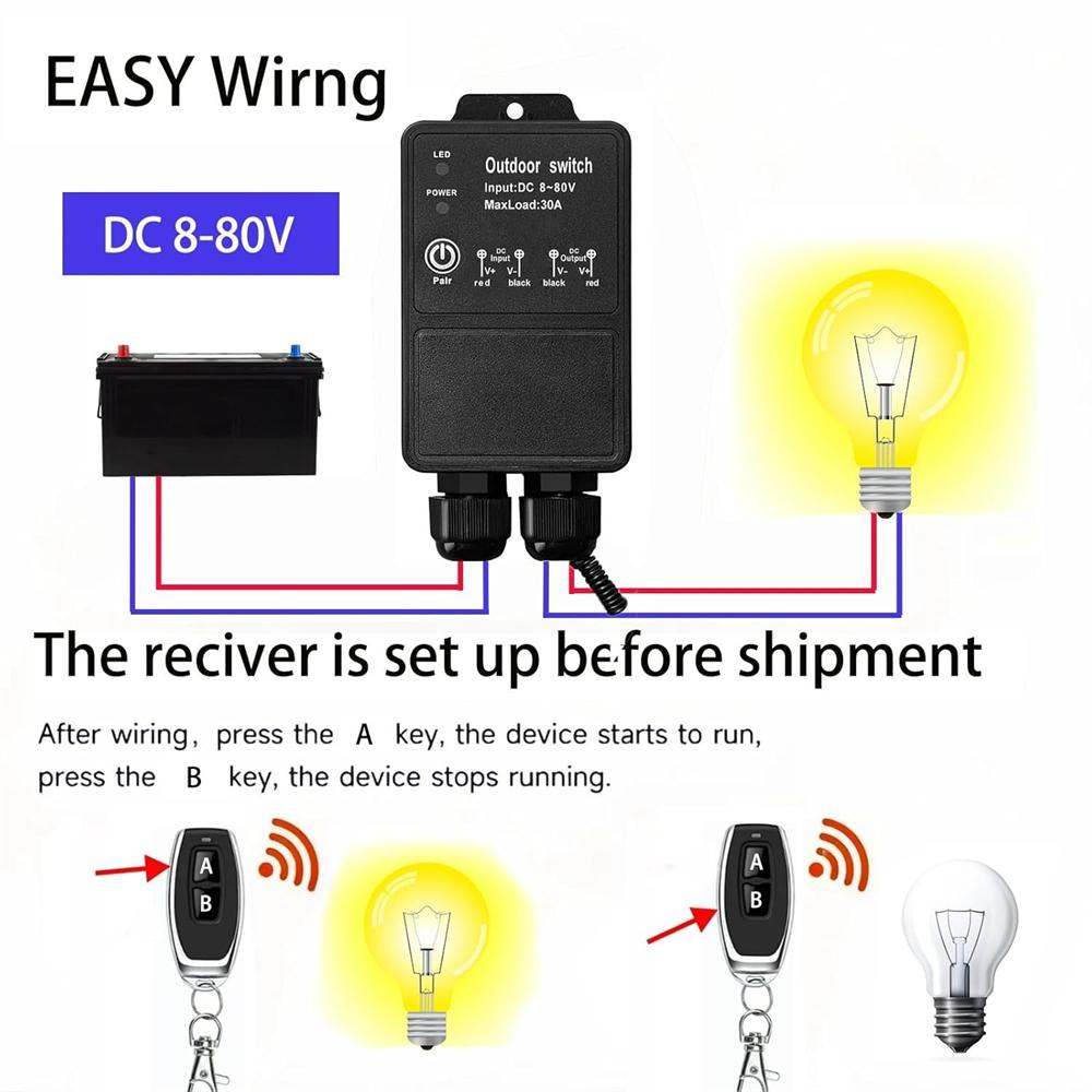 12V Heavy Duty Remote Control Switch IP67 Waterproof DC8-80V 30A Relay Wireless