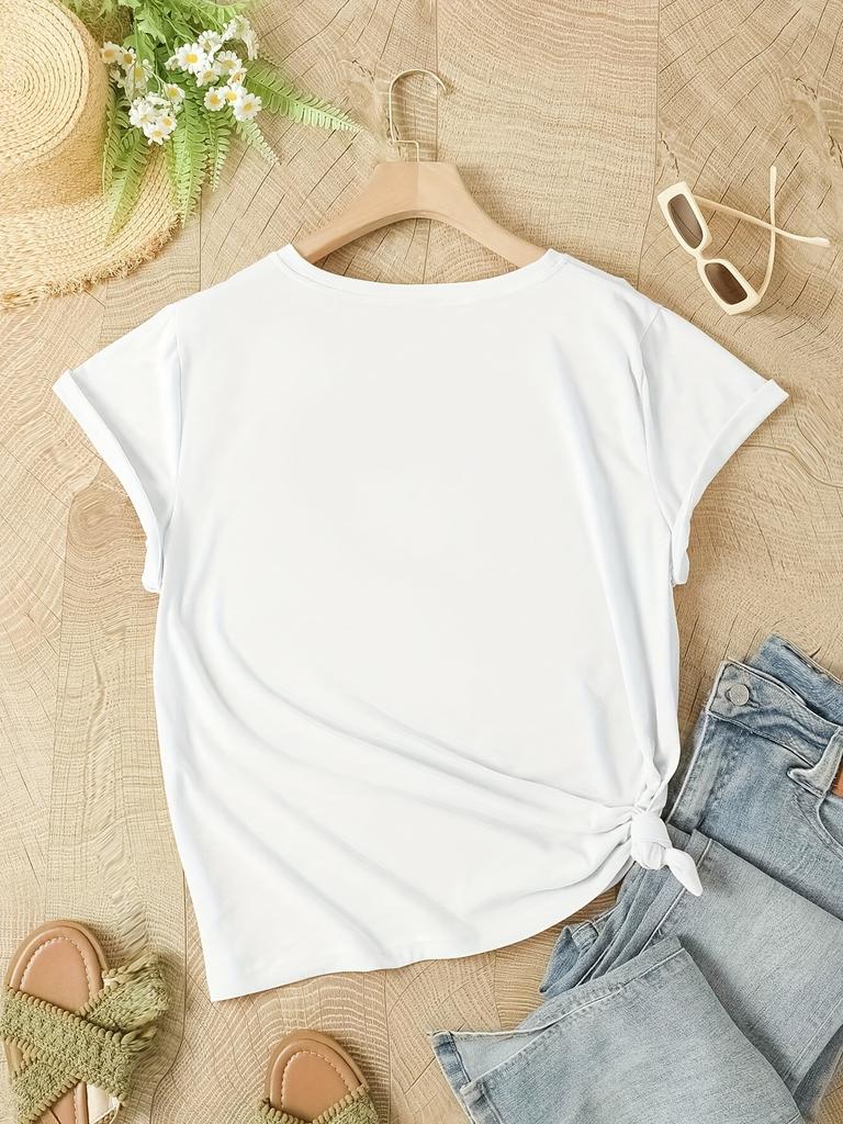 T-Shirt mit Blumendruck, Rundhalsausschnitt, lässiges Kurzarm-T-Shirt für Frühling & Sommer, Damenbekleidung, Unisex