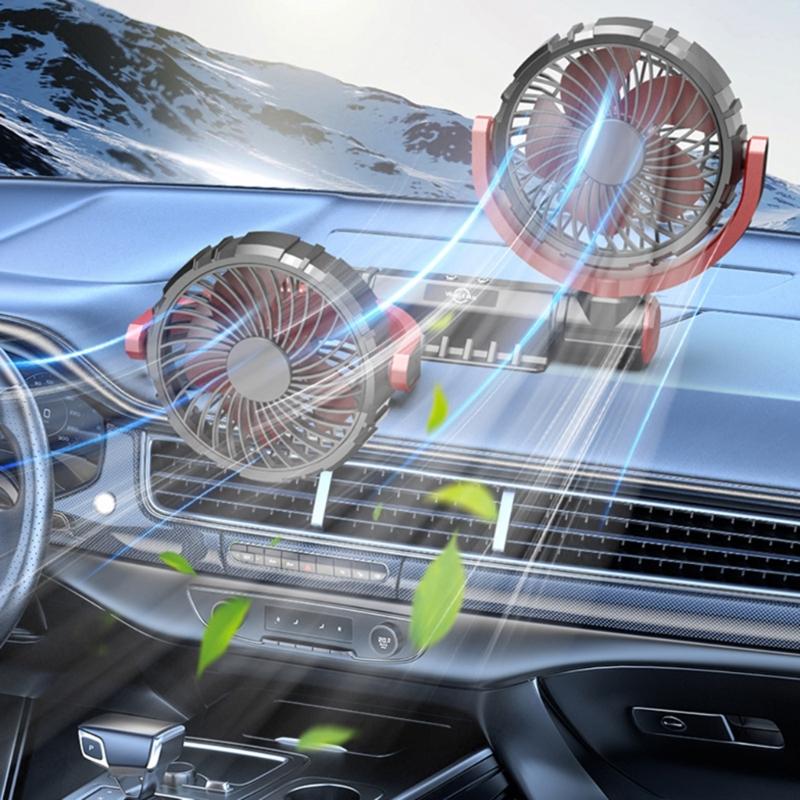 Car Fan Double Head USB Fan for Car, Vehicle Cooling Fan Brushless Motor 3 Speed, 360Rotation, for Car Dashboard