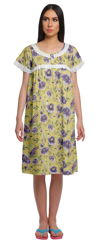 Moomaya Printed Short Sleeve Knee Length Nightdress Round Neck Sleepwear